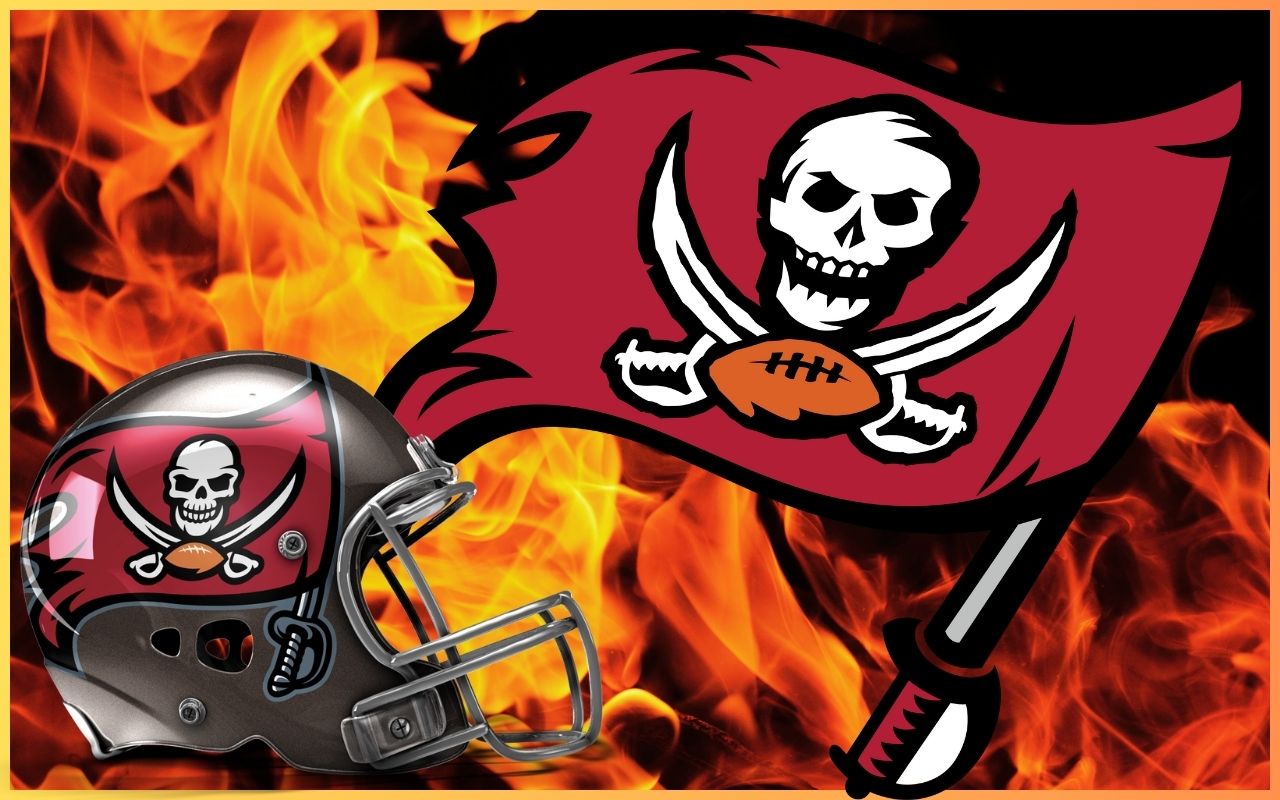 The Tampa Bay Buccaneers flag and helmet set against a fiery background, symbolizing energy and intensity.