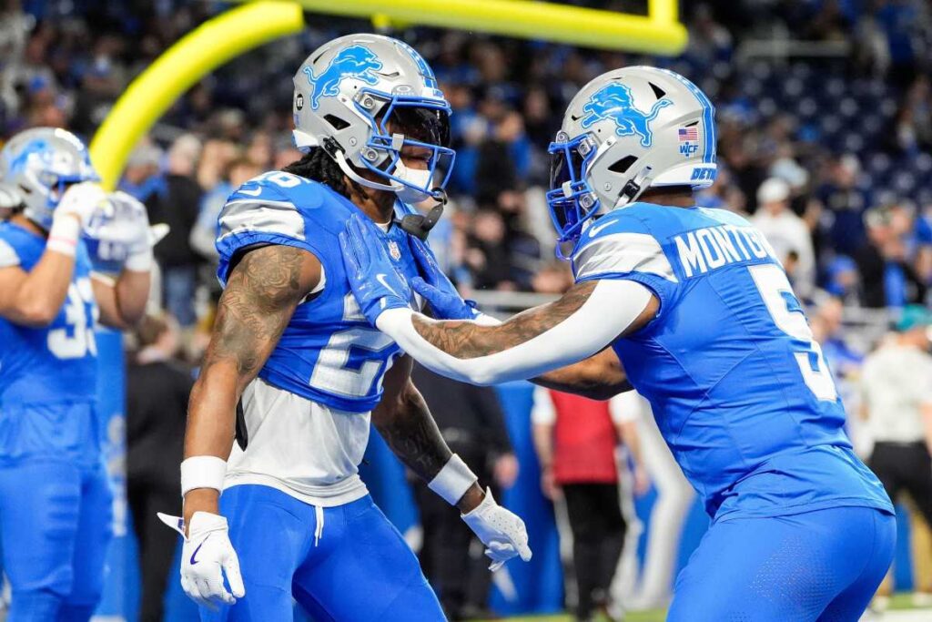 Shows Lions runningbacks Gibbs and Montgomery.