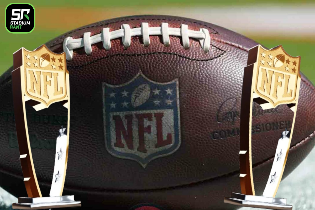 NFL MVP trophies displayed in front of an official NFL football, symbolizing excellence and recognition in the league.