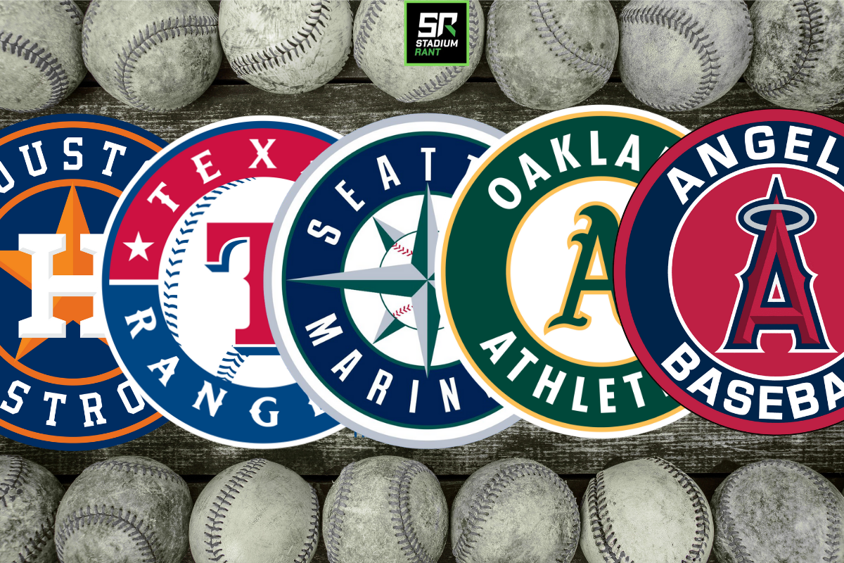 AL West: Astros, Rangers, Mariners, Athletics, and Angels—are displayed over a background of baseballs with the Stadium Rant logo above them.