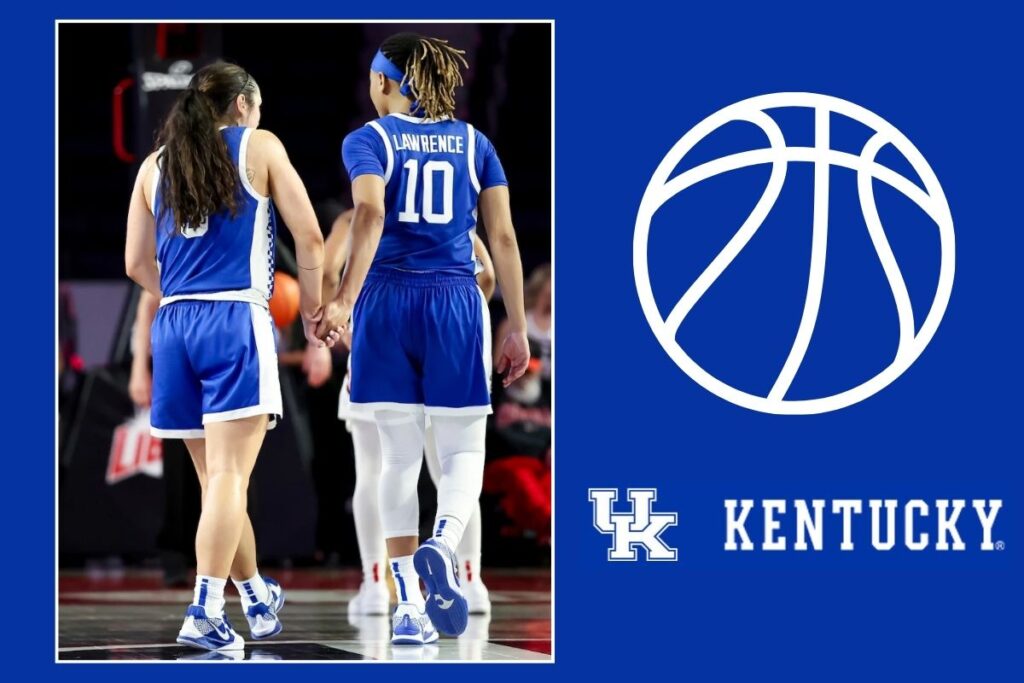 Dazia Lawrence holding hands, walking off the court, with one wearing a jersey labeled "Lawrence" and the number 10. The right side features a Kentucky Wildcats logo and a white basketball icon on a blue background.