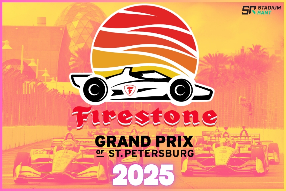 Logo of the Firestone Grand Prix of St. Petersburg 2025 with race cars in the background.