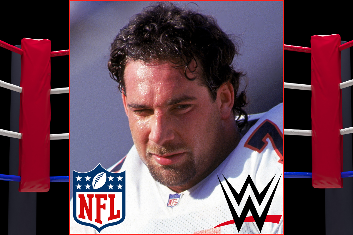 A close-up of a football player in an NFL jersey, with the NFL logo and WWE logo superimposed. The image is framed with a red boxing ring in the background.