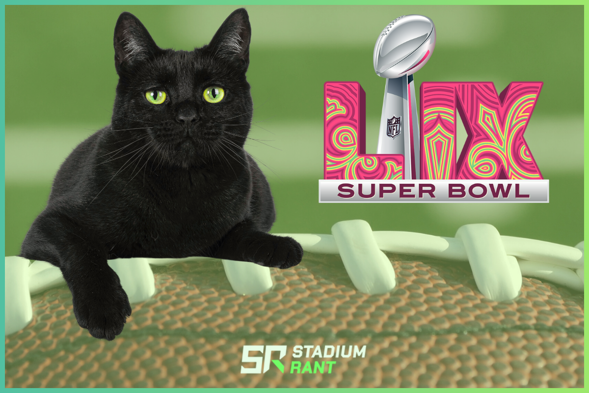 A black cat with bright green eyes rests on a football in front of the 2025 Super Bowl LIX logo, featuring a vibrant pink and green design. The image is branded with the "Stadium Rant" logo in the bottom corner.