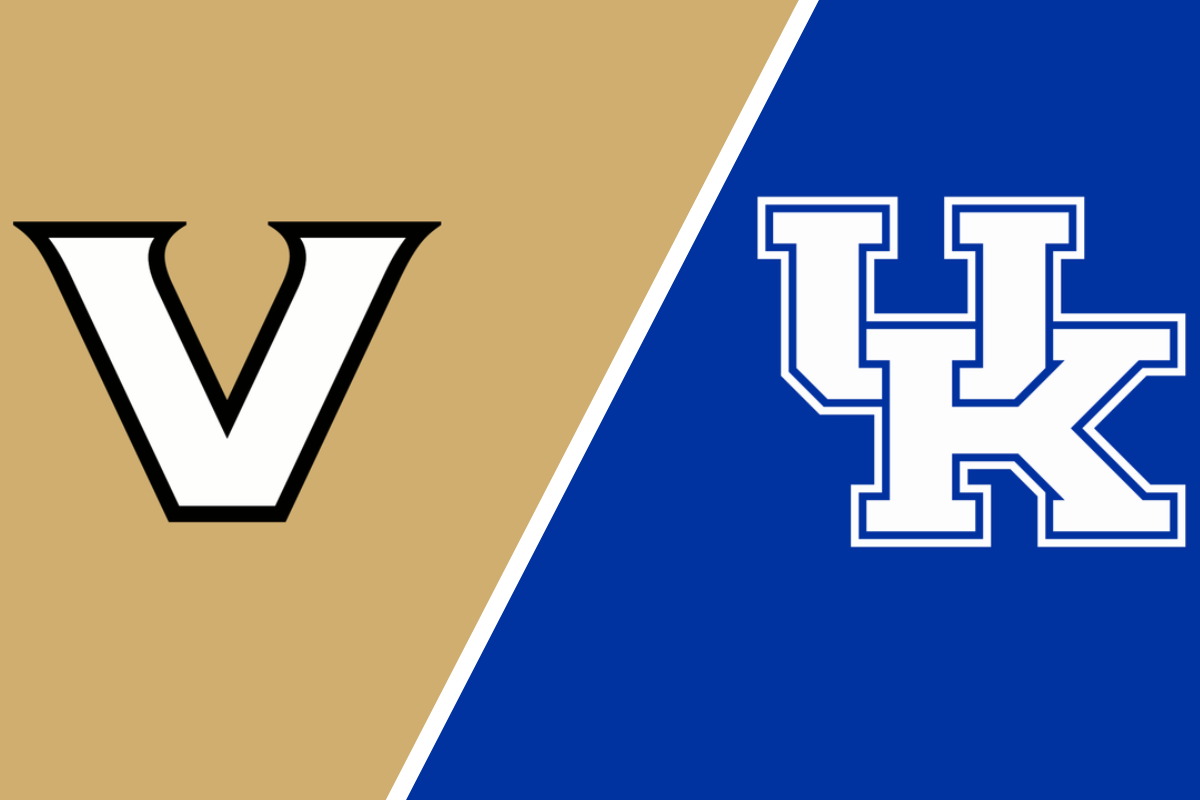 A split graphic featuring the Vanderbilt Commodores logo on a gold background and the Kentucky Wildcats logo on a blue background, separated by a white diagonal line.