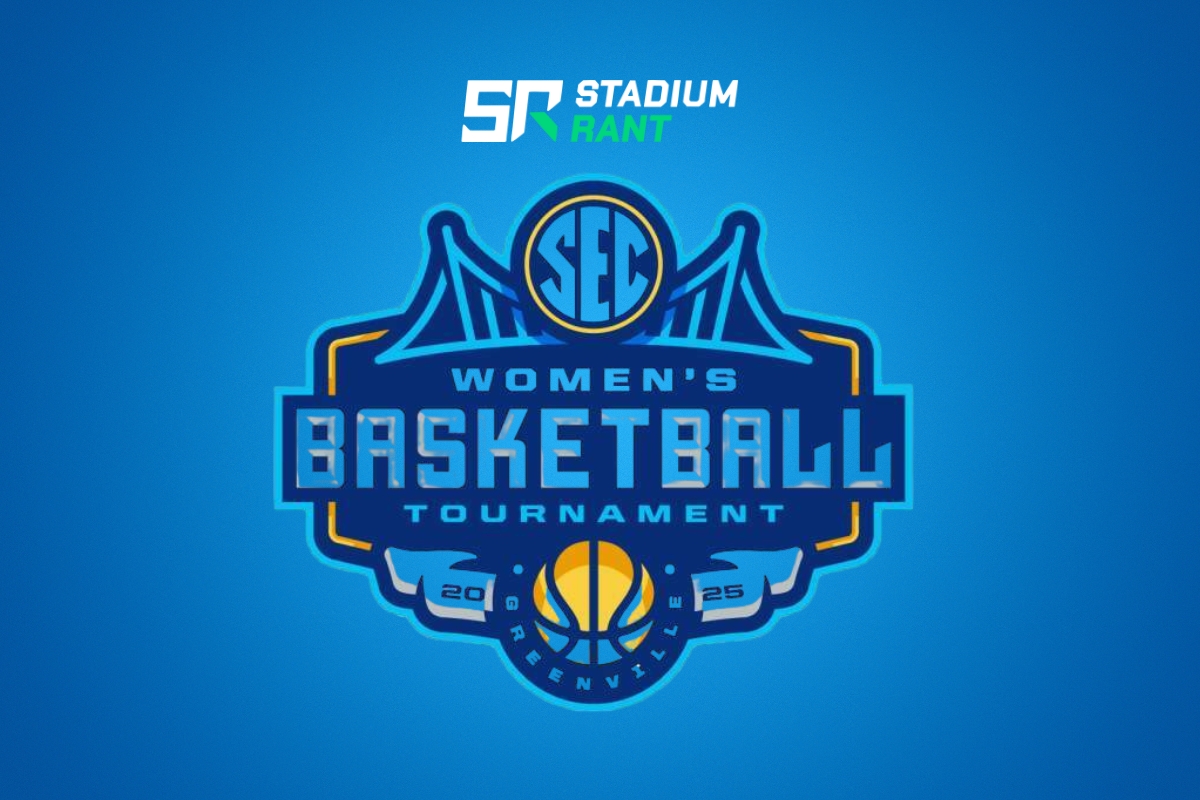 SEC Women's Basketball Tournament 2025 logo with Stadium Rant branding on a blue background.