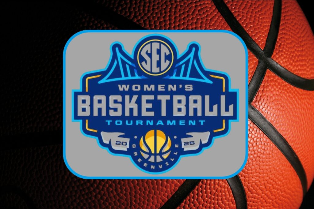 SEC Women's Basketball Tournament 2025 logo placed over a close-up image of a basketball