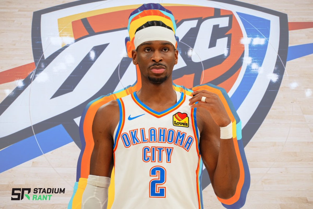 SGA wearing Thunder jersey number 2 stands in front of the OKC logo on the court, with a stylized artistic effect highlighting his figure.