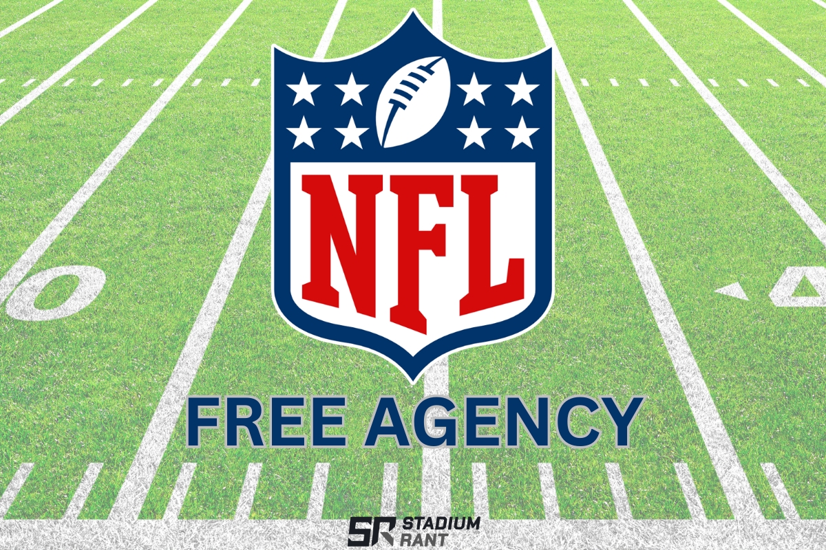 NFL Free Agency graphic featuring the NFL shield logo on a football field background with the Stadium Rant logo.